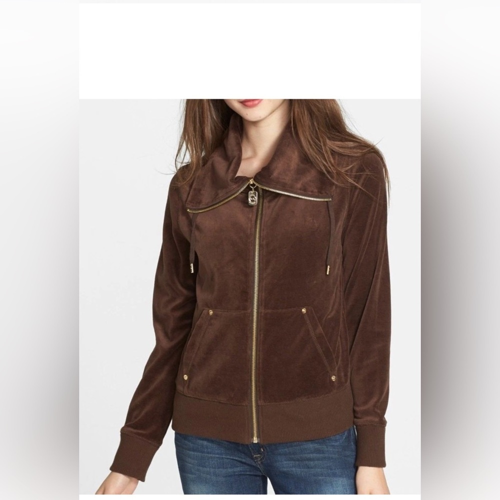 Michael Kors Women's Chocolate Brown Velour Track Jacket Size L